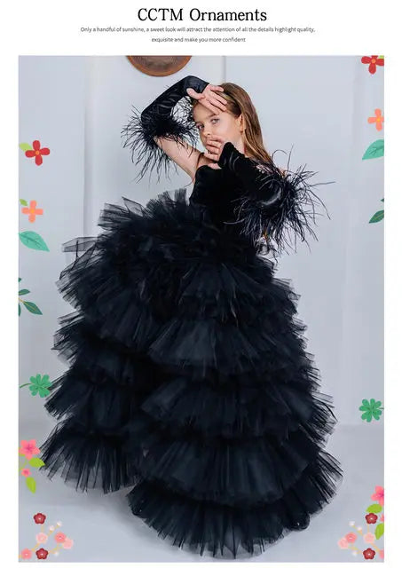 Girls Pageant Dress High Neck Halter Feather Sleeves Tiered Tulle Gown Formal Party Wedding Flower Girl Birthday Costume
