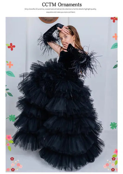 Girls Pageant Dress High Neck Halter Feather Sleeves Tiered Tulle Gown Formal Party Wedding Flower Girl Birthday Costume