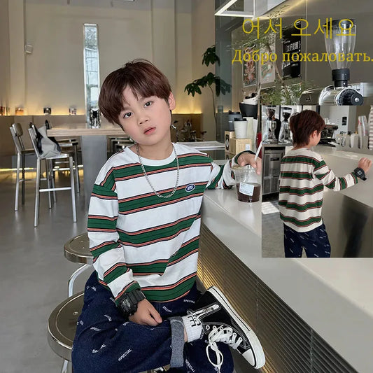 Children Girls Long Sleeves Shirts 2-7 years Bottoming Cool Boys Stripe Cotton T-shirt Teen Loose Casual 2-7y Kids Top Clothes