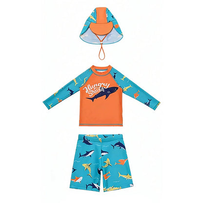 New Boys 3 Pieces Shark-patterned Swimwear Set Long Sleeve Top with Shorts Sunshade Cap Quick-dry Swimsuit Summer Bathing Suit