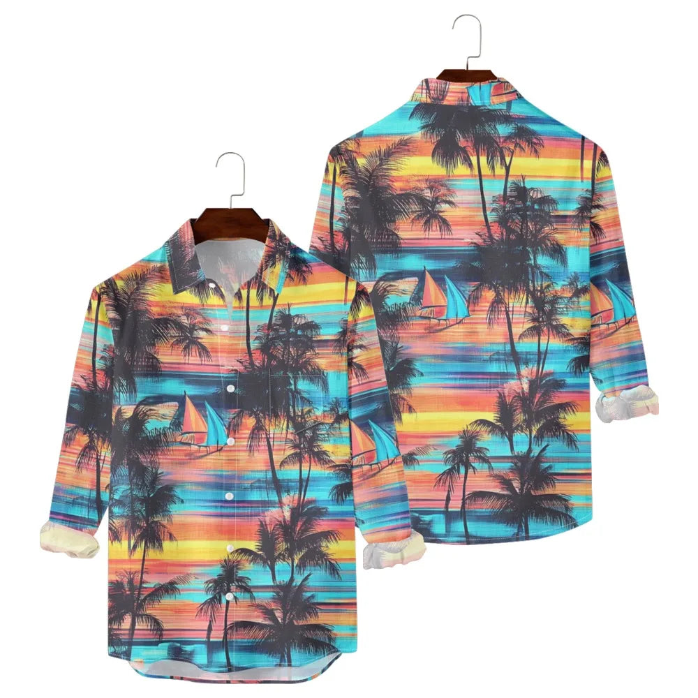 Hawaiian Men Shirts Sunset Oasis Palms Print Full Sleeve Streetwear Button Up Casual Beach to Bar Parties Poolside Shirt Pocket