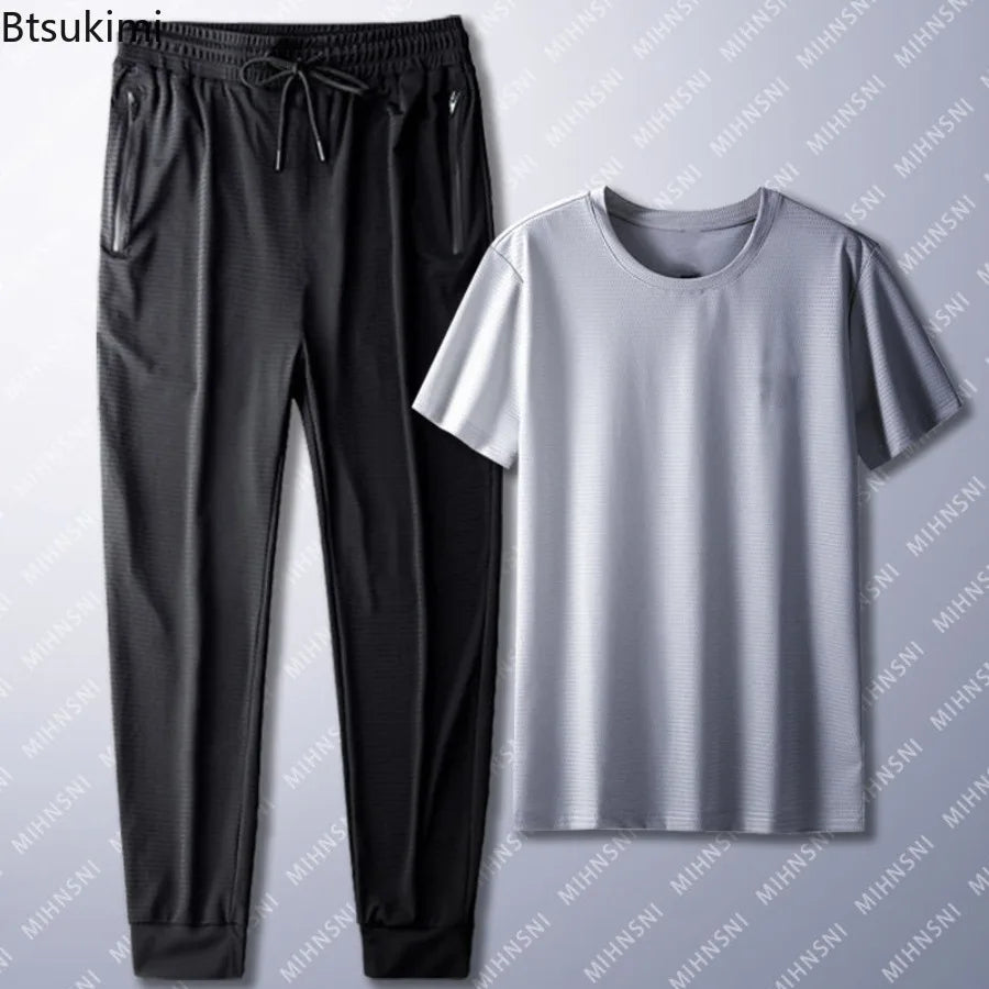 Summer Sports Suit Men's Trendy Short Sleeved Pants Two-piece Set Solid Color Casual Ice Silk Mesh Air-conditioned Pants for Men