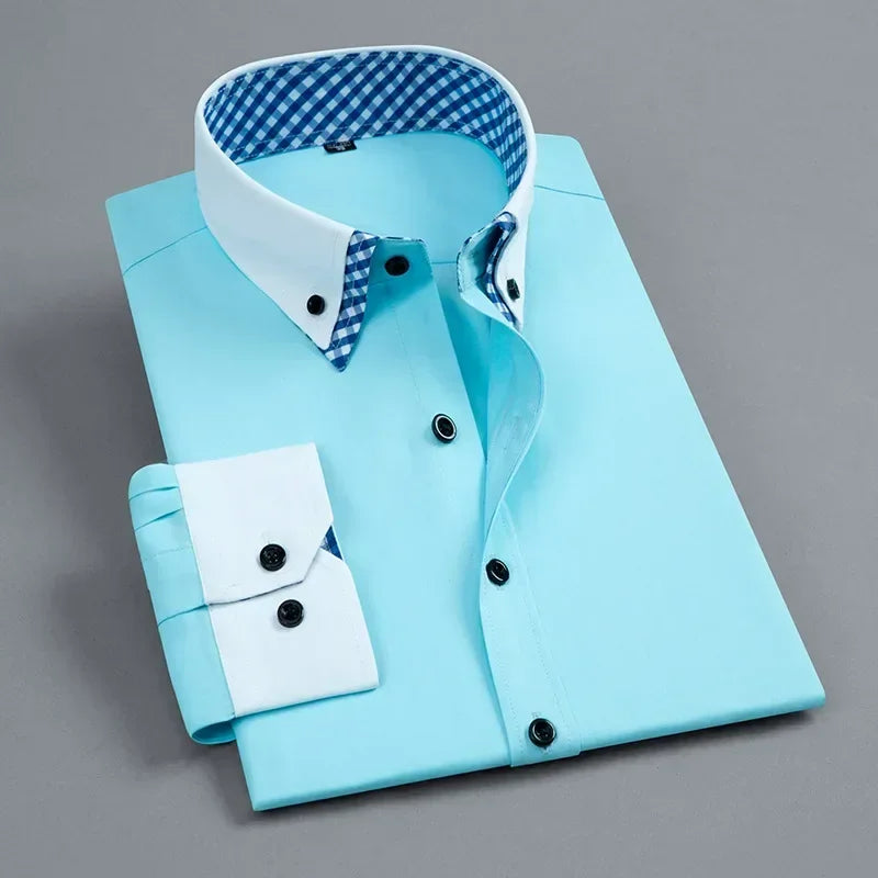 2026 Men's Dress Shirt Non Iron Fashion Double layer Long Sleeve Business Formal Regular Fit Office Camisa Social Shirts Male