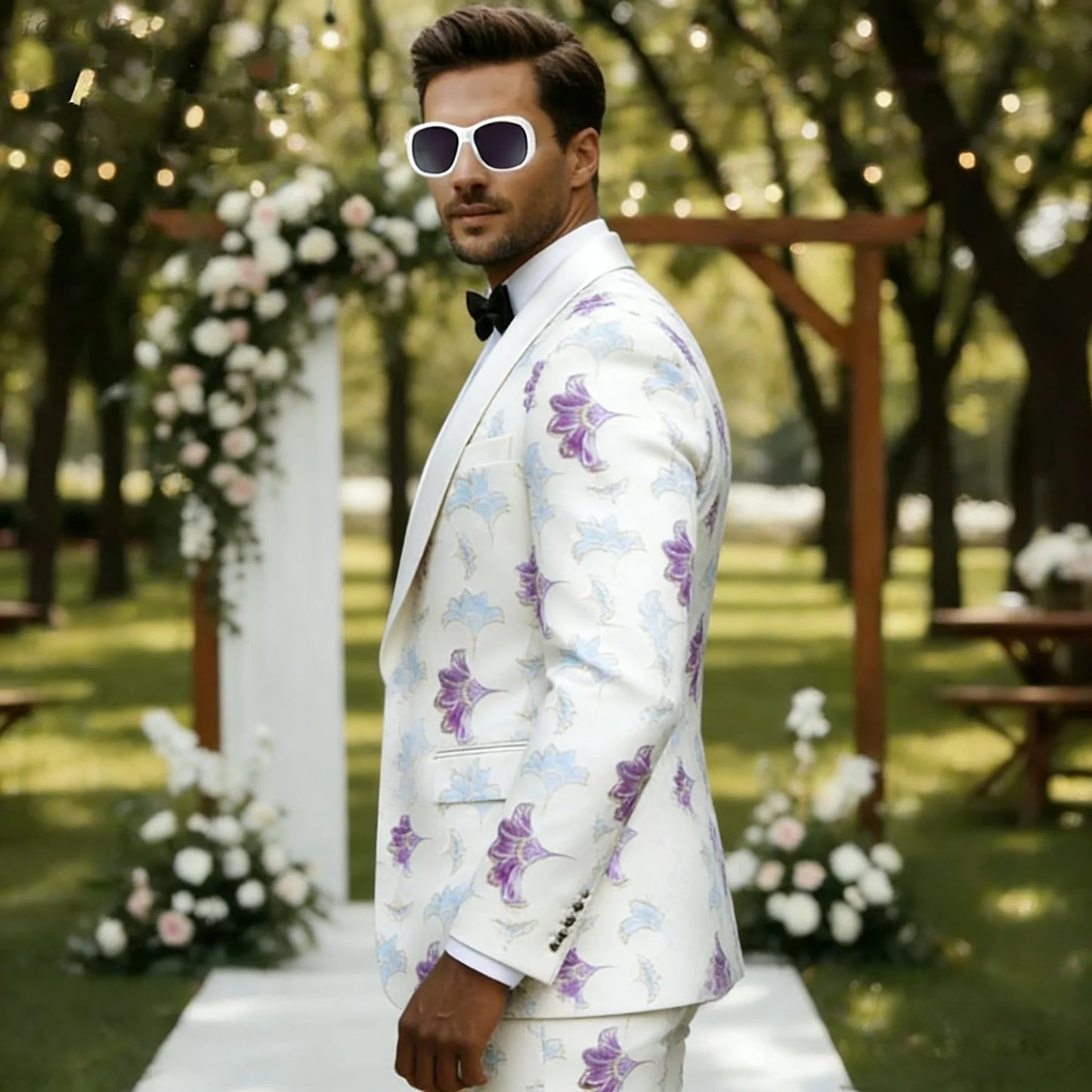 Men Suits for Groom 3-Piece Costumes Fashion Jacquard White Shawl Laple Blazer Vest Pants Set Wedding Party Tuxedos Groomsmen
