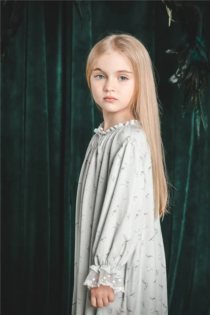 Girls Pajamas Set 2025 Spring And Summer New Blue Lace Lace Children's Home Clothing Cotton Printed Pajamas Children's Clothing