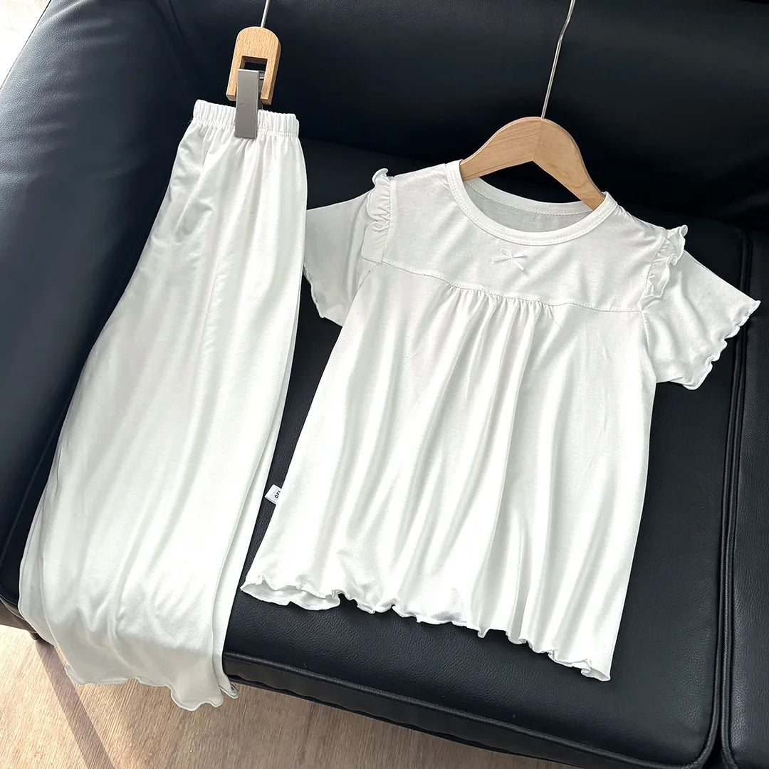 Girls' Short Sleeved Pajamas Home Clothes Set Modal Spring and Summer Thin Edition Children's Air Conditioning Lace Princess
