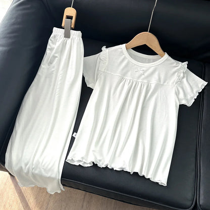 Girls' Short Sleeved Pajamas Home Clothes Set Modal Spring and Summer Thin Edition Children's Air Conditioning Lace Princess