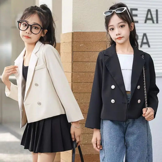 Autumn Girls short Blazer Coat White Black Fashion kids Double Breasted Suit Jacket Veste Pour Enfant Casaco Infantil Menina