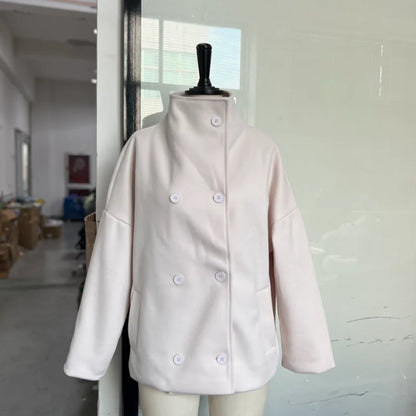 Fashion Short Woolen Coat For Women Stand Collar Full Sleeve Loose Zipper Jacket Female 2025 Spring Autumn Solid Lady Outwear