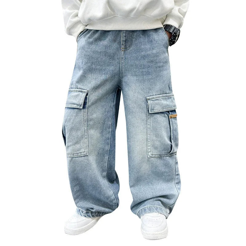 Teen Boys Straight Leg Cargo Jeans New Spring/Autumn Kids Wide Leg Denim Long Pants for Children Loose Pockets Trousers 5 14 Yrs