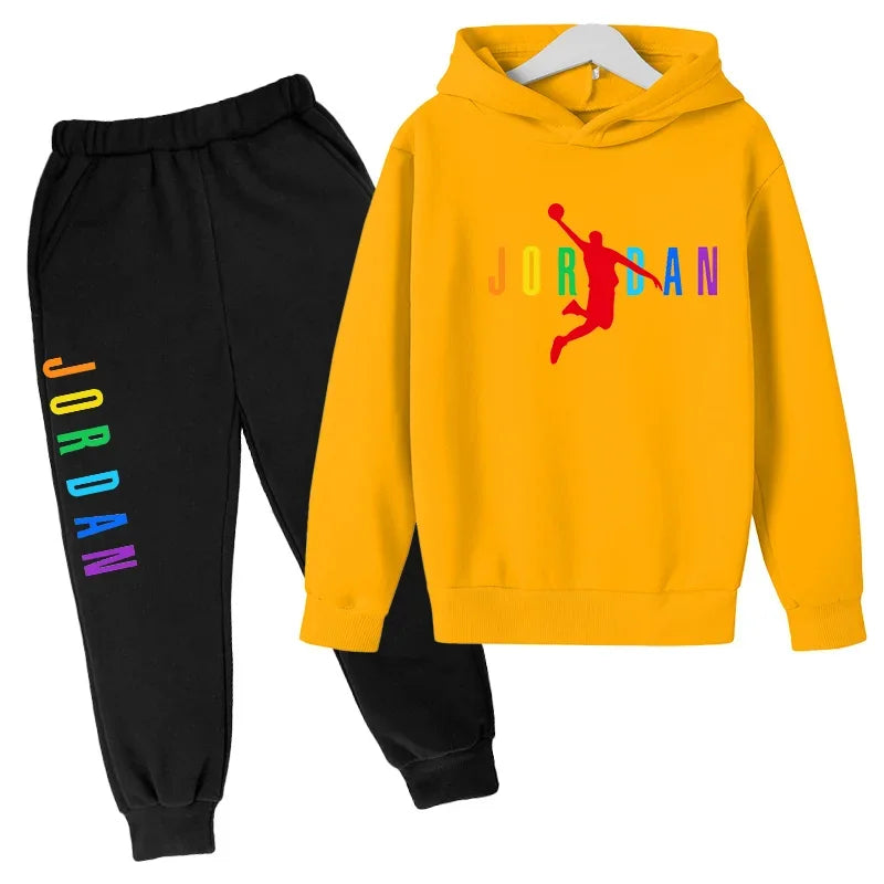 Children Sports Coat 3-13 Years Hoodie Basketball Letter Print Boys Sweatshirt Girls Toddler Top + Trousers 2P Stylish Casual Se