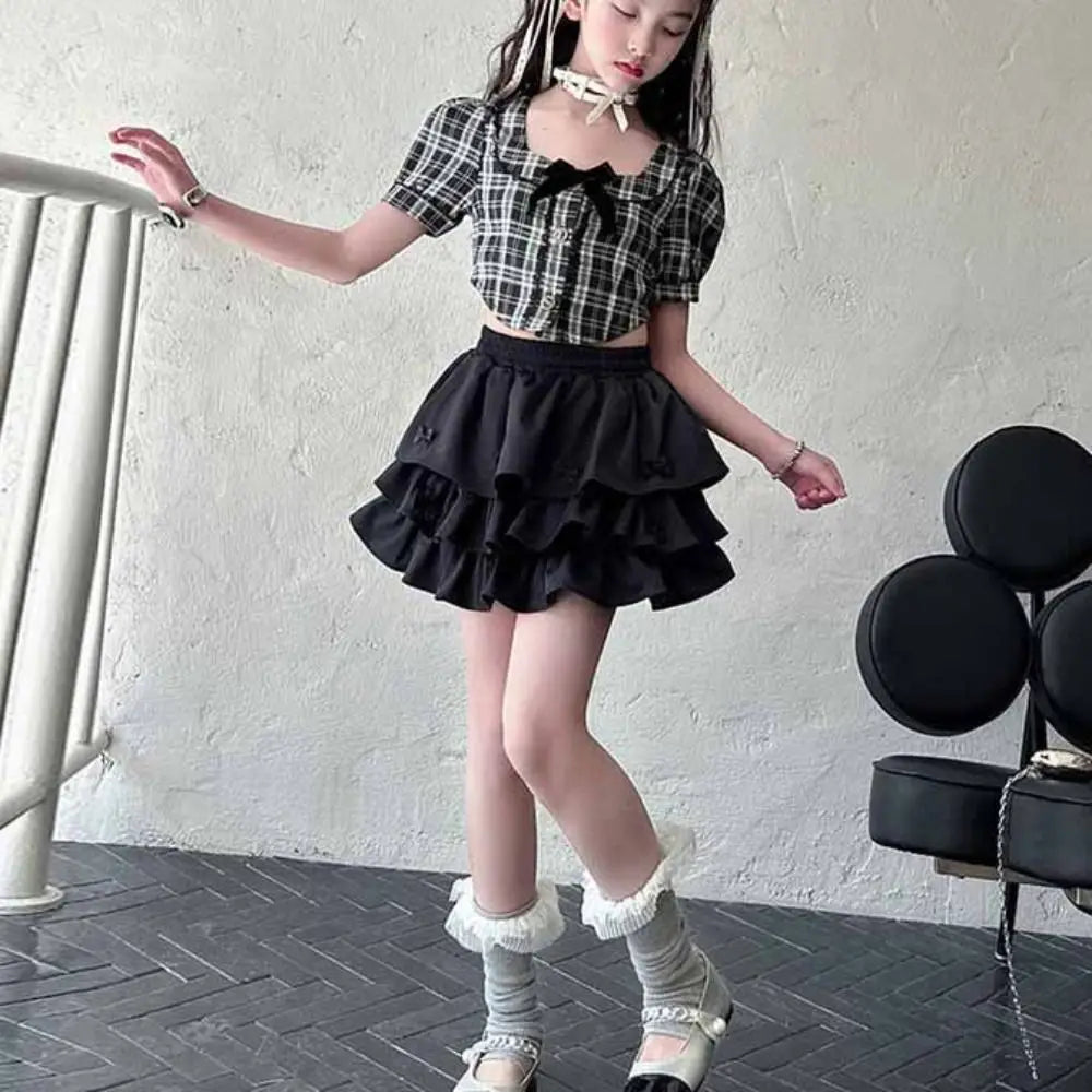 Cake Dress Sweet Girls Wear Suit Teens Party T-shirt Plaid Skirt Set Short Sleeve Preppy Style Costume Children Summer Clothes