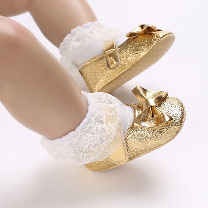 Cute Silver Gold Baby Girls Shoes Bow Princess Shoes PU Anti-slip Soft Sole Infant First Walkers Newborn Crib Baby Shoes