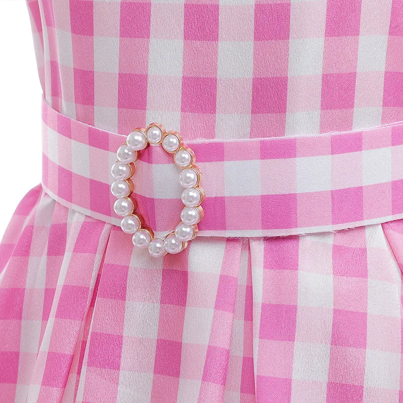 Girls' Summer Off Shoulder Dress with Belt Suitable For Female Pink Plaid Frock Kid Christmas And Halloween Role-Playing Costume
