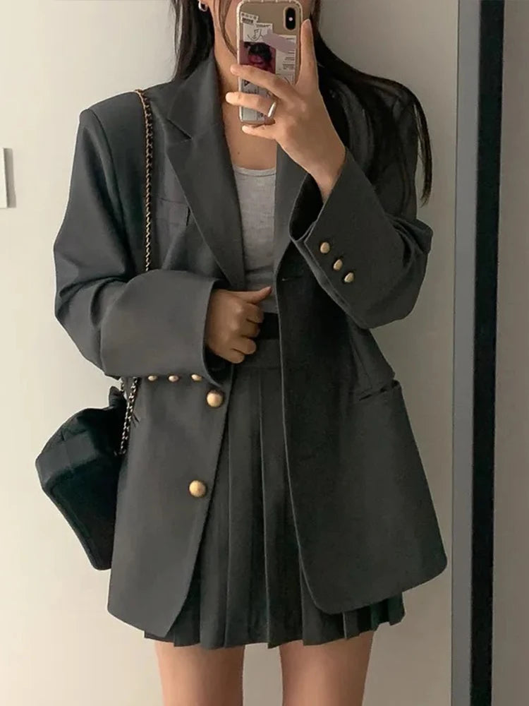 Women Clothes Outfit Suits Casual Single Breasted Loose Coat Blazer Suit And High Waist Pleated Mini Short Skirt 2 Piece Set New