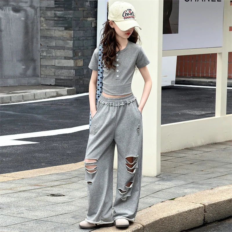 Teenage Girls Clothing Sets 2026 New Grey Fashion Short Sleeve Top+Hole Pants 2Pcs Summer Children Outfits for 5 To 14Years Old