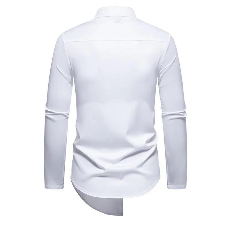 Mens Dress Shirts Vintage Personality Irregular Crop Long Sleeve Business Stand Collar Shirt Men Camisas Streetwear Blusas Tops
