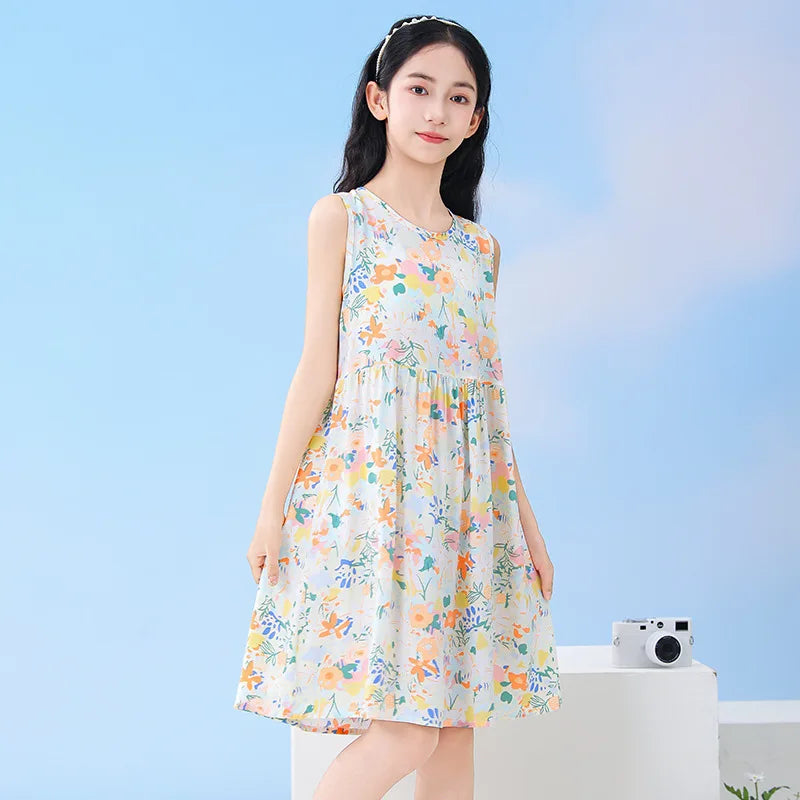 Summer Sleeveless Teen Girls Beach Dresses Children's Clothing Vestido para niña de 8 a 10 años Princess Rainbow Flower Dresses