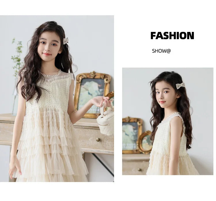 Tulle Tiered Dress for Girls 2026 New Summer Sleeveless Vest Princess Dress Daily Party Holiday Beige Teenage Children Clothes