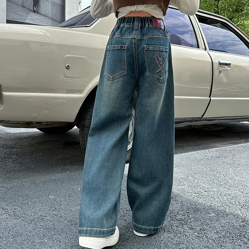 Girls jeans back pocket love  wide-leg pants 2025 spring and autumn slimming straight pants suitable for 5-15 years old pants