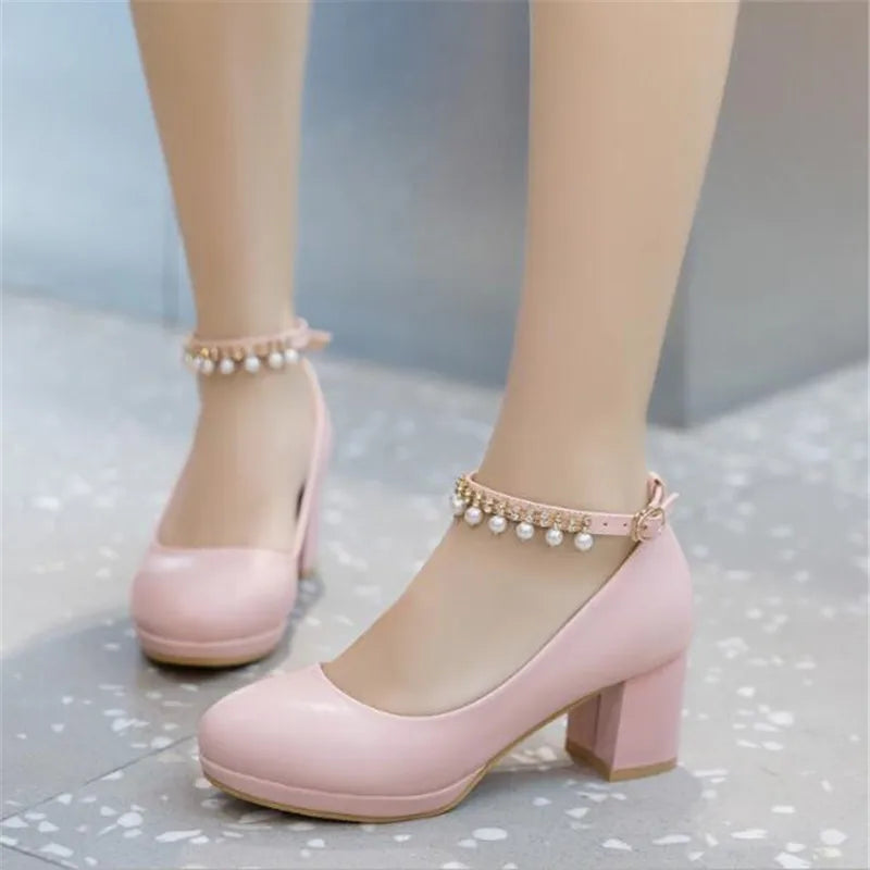 Children Girls High heel Shoes For Kids Princess Sandals Fashion  Pearl Thick Heel Shallow Female High heels For Party Wedding