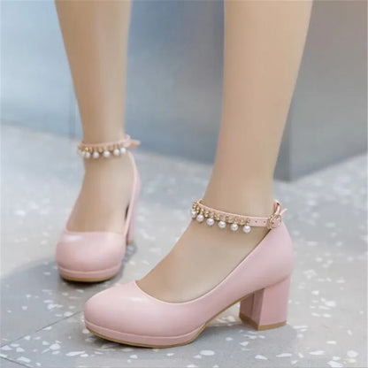 Children Girls High heel Shoes For Kids Princess Sandals Fashion  Pearl Thick Heel Shallow Female High heels For Party Wedding
