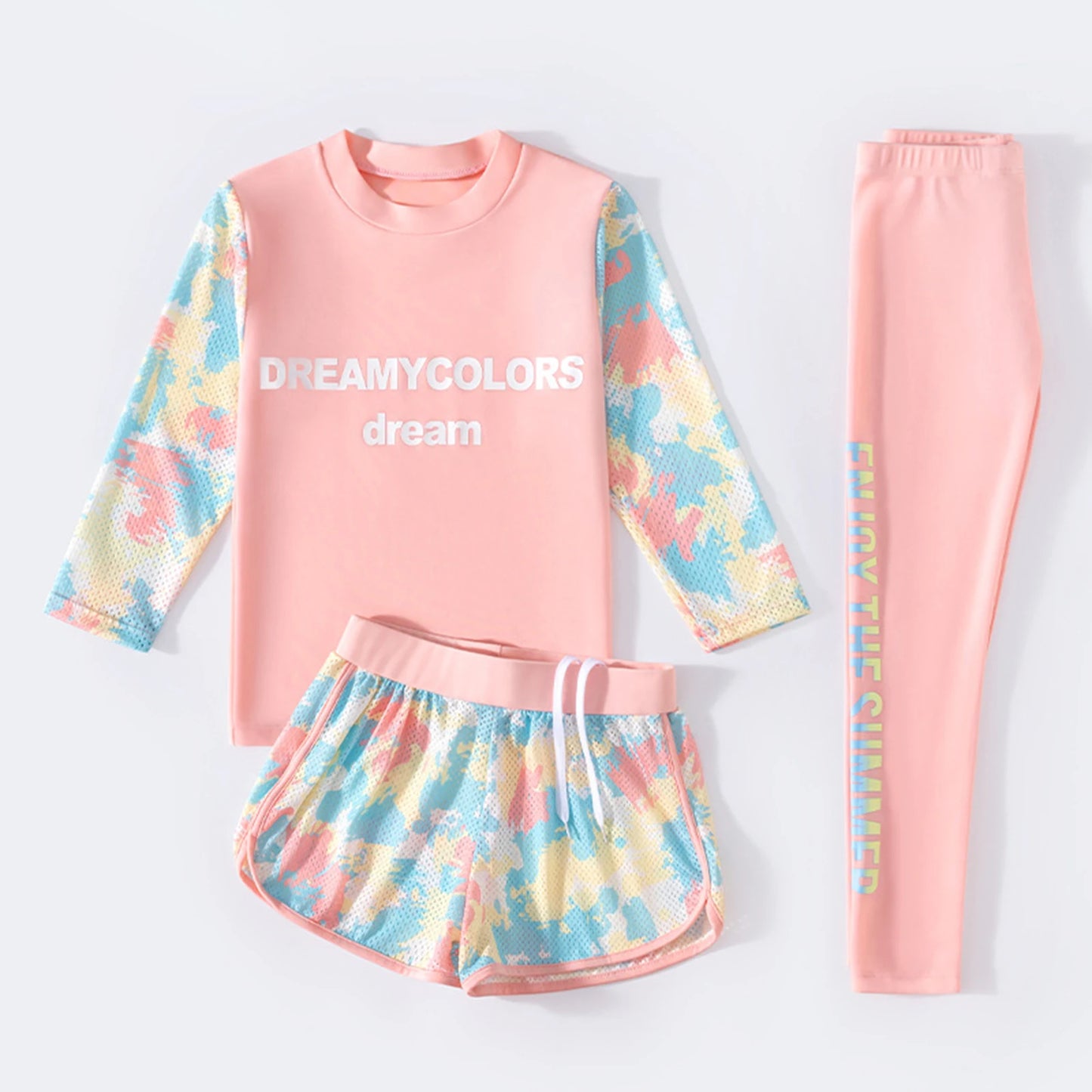 Girls 3-Piece UV Swimsuit Sun Protective Long Sleeve Rash Guard Swimwear Quickly Dry Swimming Shirt Top+Shorts+Pants Outfits