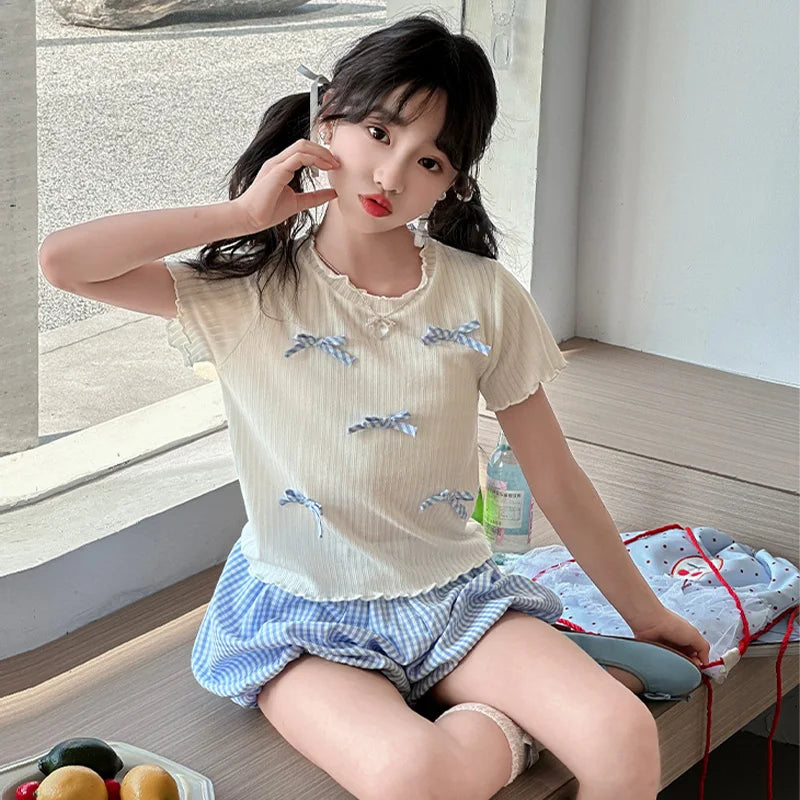 Teen Girls Clothing Sets of Clothes for Fitness Summer Outfit Korean Kids Clothing for Child Brief T-shirt Shorts 2PCS Suit 5-14