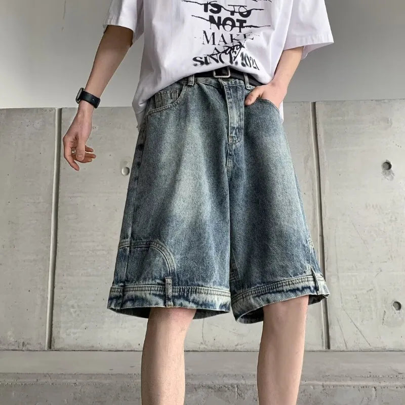 Men's jeans summer thin American retro high street trendy brand five-point pants loose straight casual washed pants
