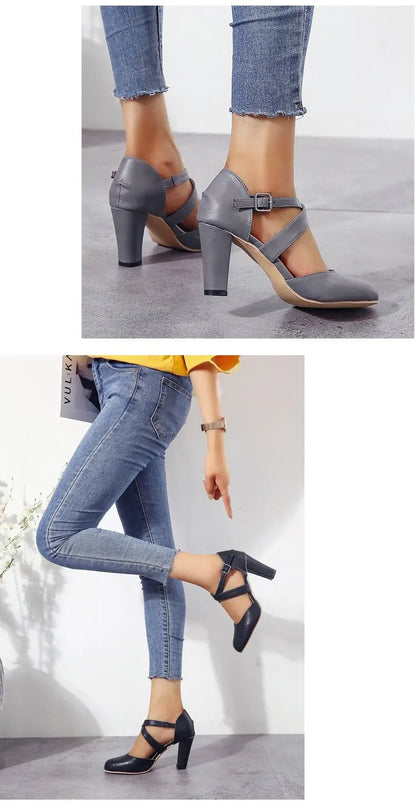 Women High Heels Shoes 2023 Autumn New Round Toe Chunky Heel Casual Platform Women's Shoes Female Belt Buckle