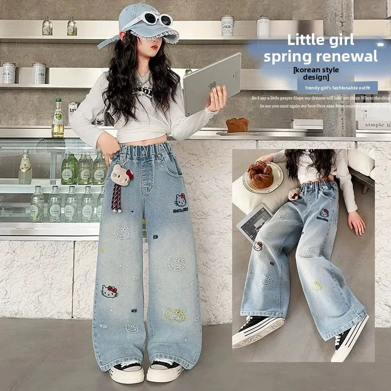 Girls Spring Autumn Wide Leg Jeans High Waist Long Pants Children's Clothing Kids' Denim Trousers Trendy Streetwear for Girls