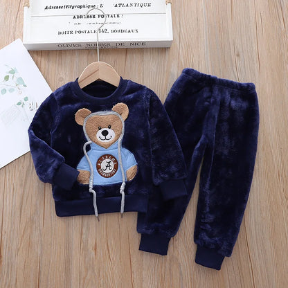 Baby Boy Clothes 2023 Autumn Cotton Thick Warm Casual Hooded Sweater Winter Cartoon Cute Bear Three-Piece Baby Girl Suit 0-5Y