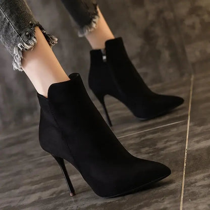 High Heels Booties Heeled Short Shoes for Woman Footwear Pointed Toe Sexy Suede Black Women's Ankle Boots New Rock Hot Boot