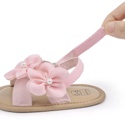 2025 New Baby Girls Shoes Flowers With Pearls Summer Cool Princess Sandals Lightweight Comfortable Soft Anti-slip Flat Sole