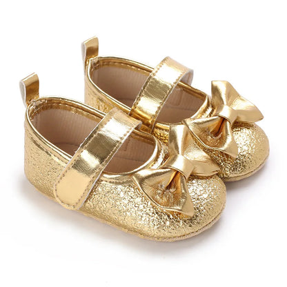 Cute Silver Gold Baby Girls Shoes Bow Princess Shoes PU Anti-slip Soft Sole Infant First Walkers Newborn Crib Baby Shoes