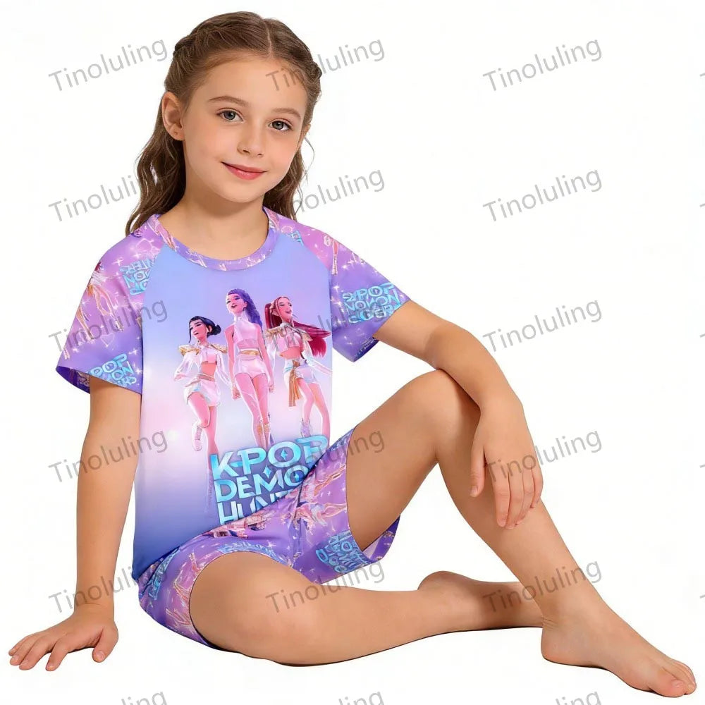 Girls Pajamas Sets Kids Toddler 3 to 8 10 11 12 Years Kpop Demon Hunters Summer Pjs Tops+Shorts Two Pieces Pijamas Sleepwear Set