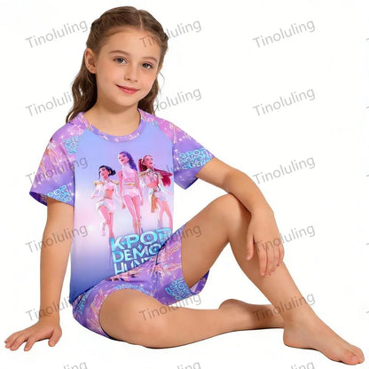 Girls Pajamas Sets Kids Toddler 3 to 8 10 11 12 Years Kpop Demon Hunters Summer Pjs Tops+Shorts Two Pieces Pijamas Sleepwear Set