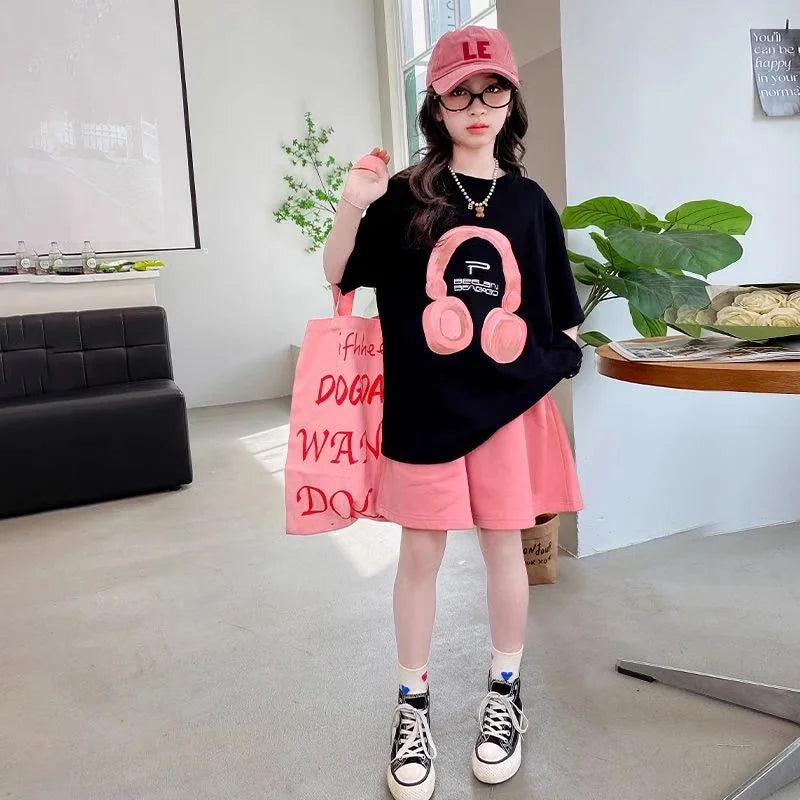 Girls' Shorts Set 2026 Summer New Kids' Suits Teenager Loose Short-Sleeve T-Shirt Outfits Children's Print Clothing Two-Piece