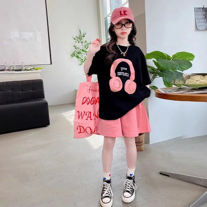 Girls' Shorts Set 2026 Summer New Kids' Suits Teenager Loose Short-Sleeve T-Shirt Outfits Children's Print Clothing Two-Piece