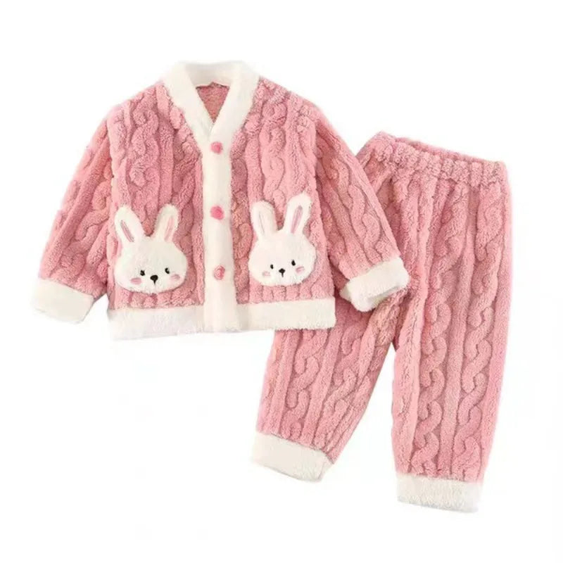 Girls Pajamas Set Autumn and Winter Flannel Children's and Girls' Fleece Thickened Warm Coral Fleece Loungewear Pajama Set