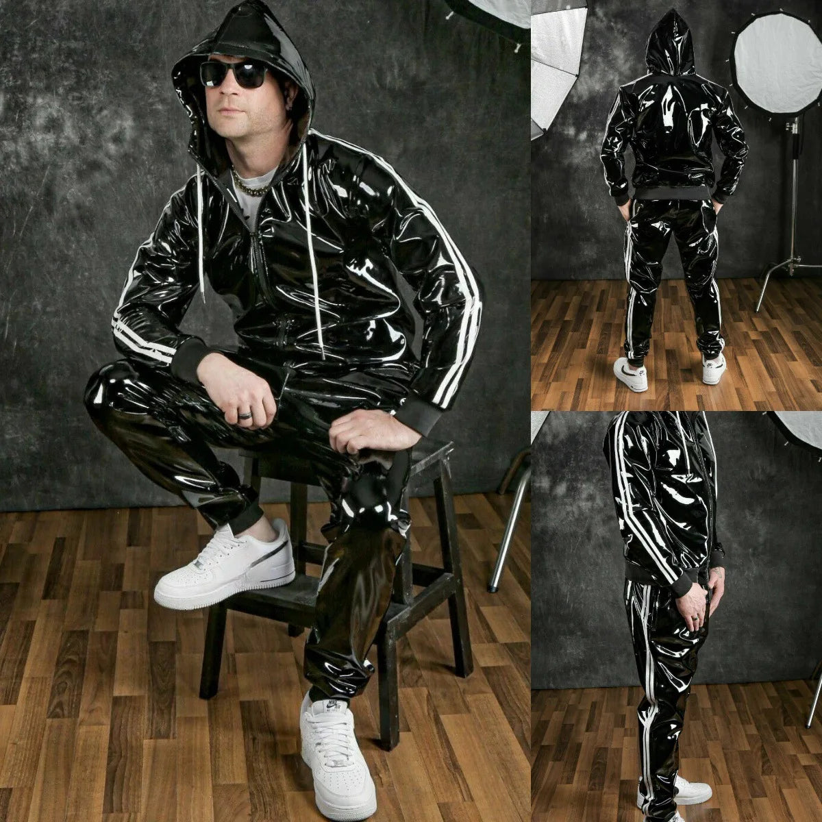 Men's PU Leather Hoodie Suit Casual Sportswear Hooded Jogging Suit Sportswear Men Outfit Set Juicy Tracksuit