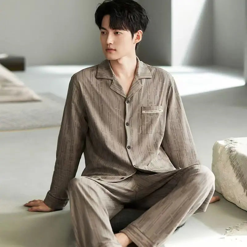New Men's Pajamas Spring and Autumn Set, Can Be Worn Outside, Cardigan Loungewear, Casual Long-Sleeved, Large Size, Loose Fit, Autumn and Winter