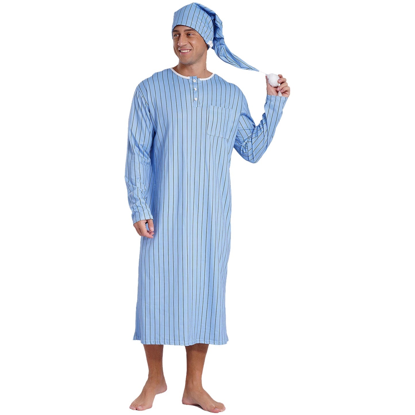 Men Sissy Sleep Robe Nightwear Long Sleeve Striped Night Dress with Adjustable Hat Nightdress Muslim Pajamas Sleepwear Homewear