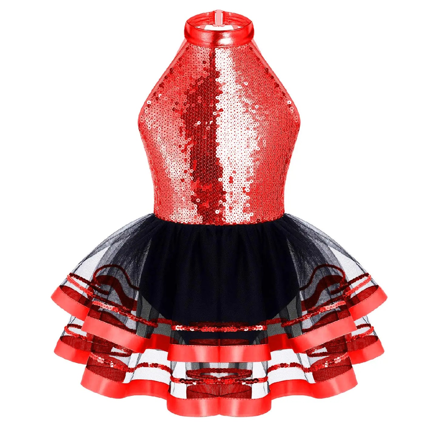Girls Teens Shiny Sequin Tulle Dress for Ballet Latin Jazz Lyrical Dance Dresses Sleeveless Halter Neck Leotards Tutu Dress