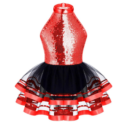 Girls Teens Shiny Sequin Tulle Dress for Ballet Latin Jazz Lyrical Dance Dresses Sleeveless Halter Neck Leotards Tutu Dress