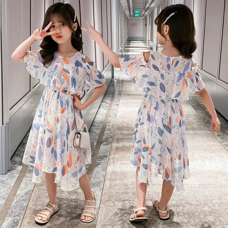2026 teens Summer baby Girls Dress Clothes mesh leaf Bohemian Floral Off Shoulder chiffon Long Beach 3 4 5 6 7 8 9 10 12 years