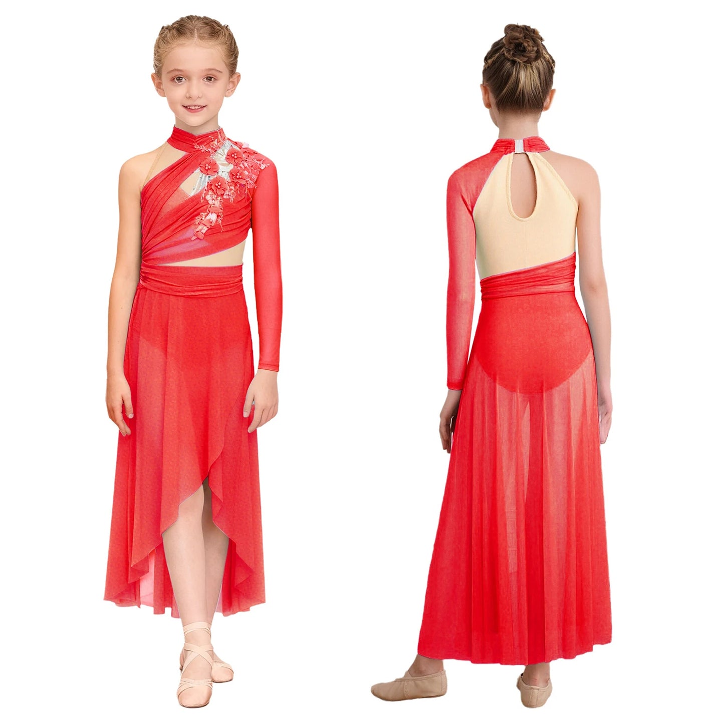 Kids Girls Modern Lyrical Dance Dresses Delicate Applique Keyhole Back Side Split Irregular Hem Asymmetrical Ruched Mesh Dress
