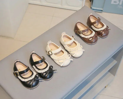 Girls Walking Shoes Sweet Lace Simple Bows 2025 New Baby Princess Shoes Round Toes Kids Leather Shoes Non-slip Soft Sole Flats