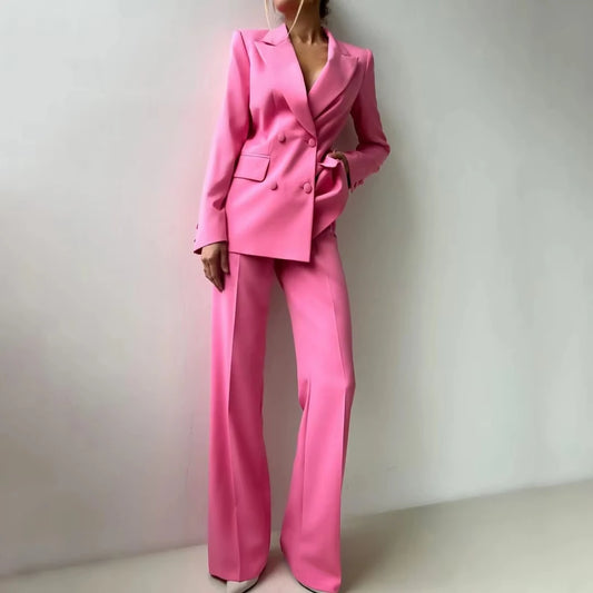 Women Suit 2 Pieces Rose Pink With Lapel Double Button For Wedding Banquet Party Business Office Commute Daily Blazer And Pants