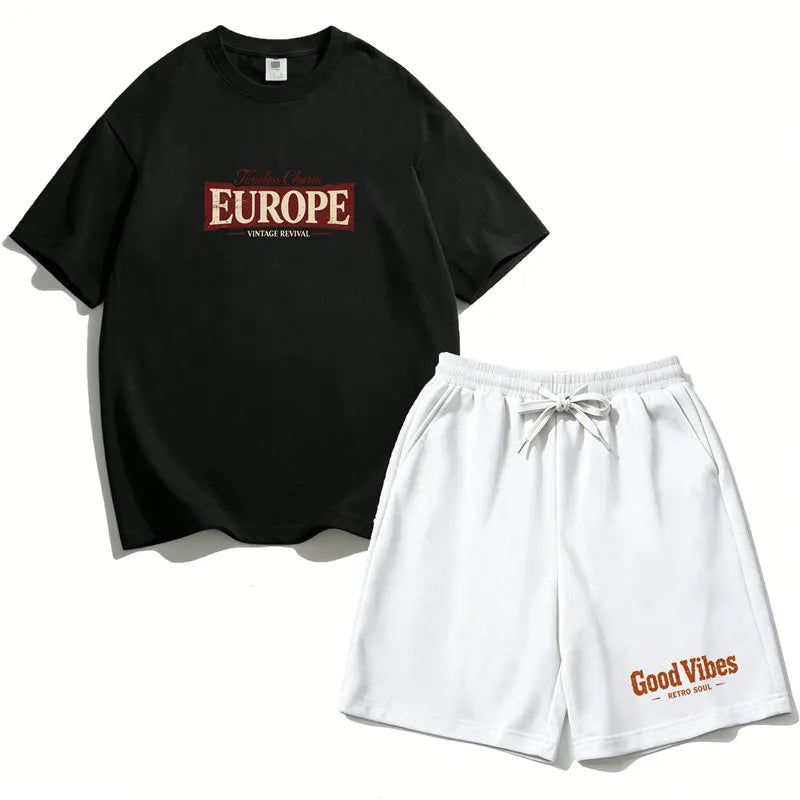 Teen Girls Clothing Set Summer Cotton Short Sleeve Top Shorts 2PCS Casual Europe Graphic Tee Distressed Print Clothes Set EU1